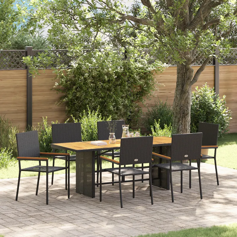 Set de mese gradina 7 piese, poliratan negru, scaune gradina cu perne - set 2 piese din poliratan negru