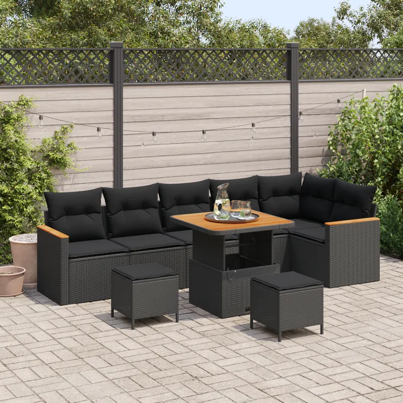 Set de canapea de gradina 9 piese cu perne negru poliratan acacia, set de dining de gradina 3 piese cu perne negru poliratan acacia