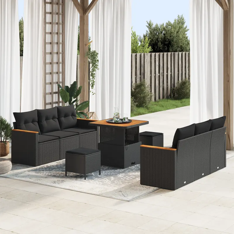 Set de canapea pentru gradina cu 9 piese si perne negru poliratan acacia, set de dining pentru gradina cu 3 piese si perne negru poliratan acacia