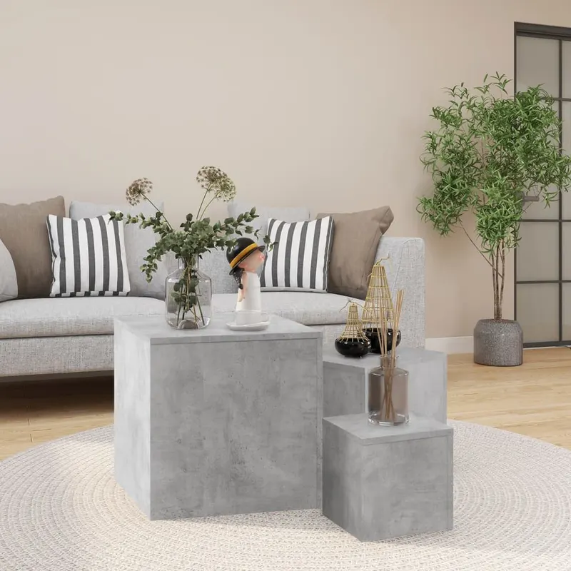 mese laterale, 3 buc., gri beton, lemn compozit