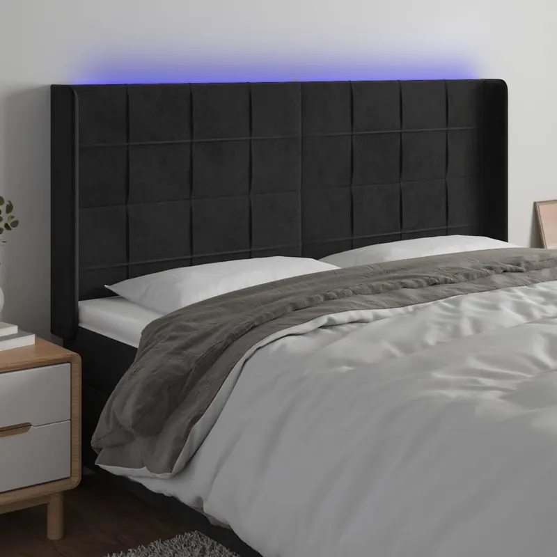 tablie de pat cu led, negru, 163x16x118/128 cm, catifea