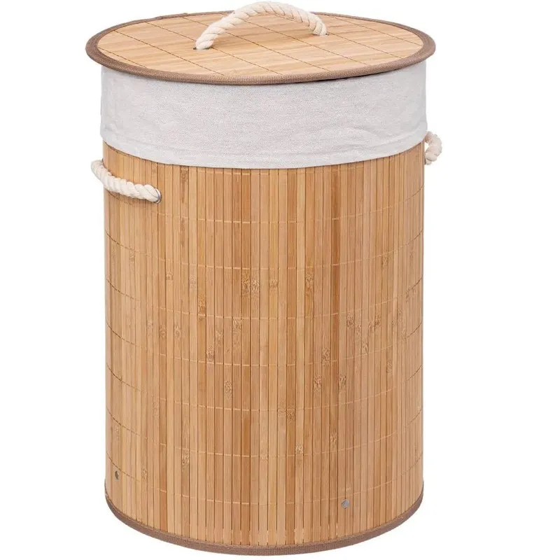 Cos rufe rotund bambus cu capac, 48 litri, 35x50 cm, design compact, natur