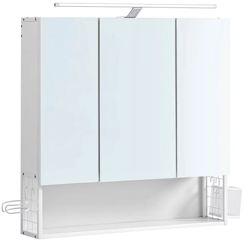Dulap de baie de perete, 3 usi cu oglinda, compartiment deschis, 15x70x70cm, alb