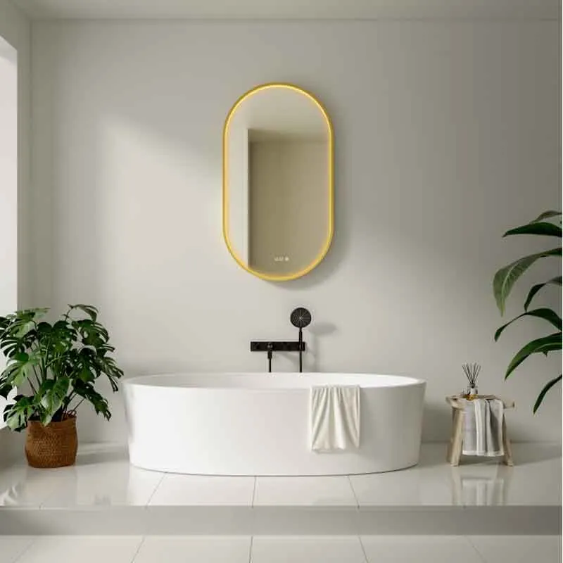 Oglinda LED Fluminia Canaria 90 Clock, dezaburire, ceas digital, iluminare perimetrala, gold