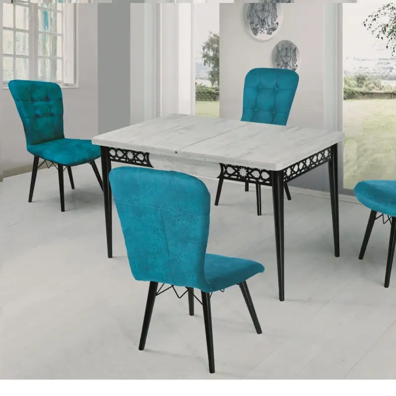 Set masa extensibila cu 4 scaune tapitate alb-turcoaz cristal 130 x 80 cm