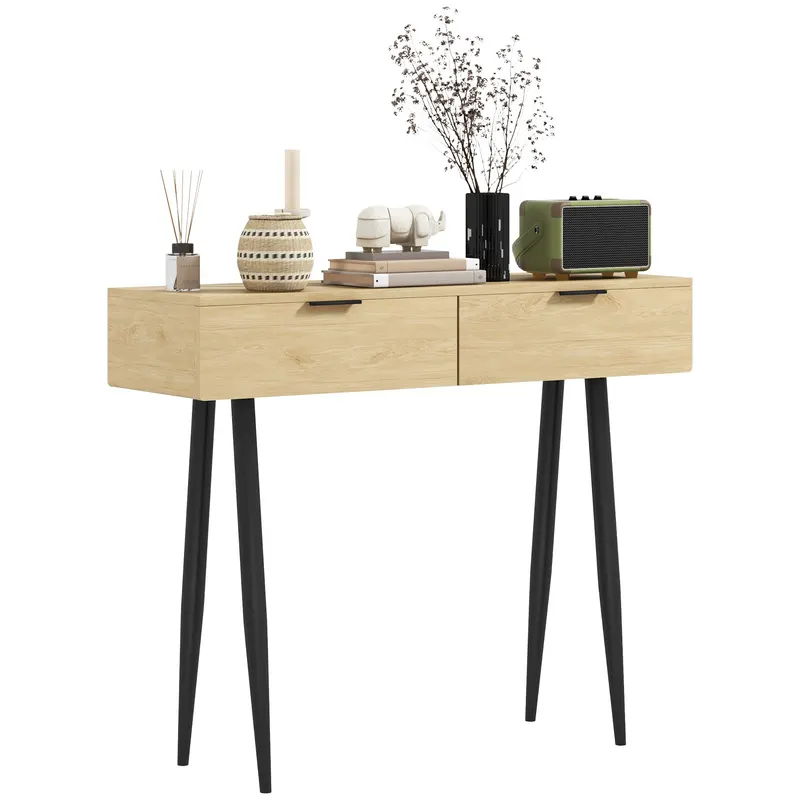 HOMCOM Consolă cu 2 Sertare, cu o finisare din lemn de stejar, Picioare are un dispozitiv anti-răsturnarel, 100x30x80,5 cm, Natural