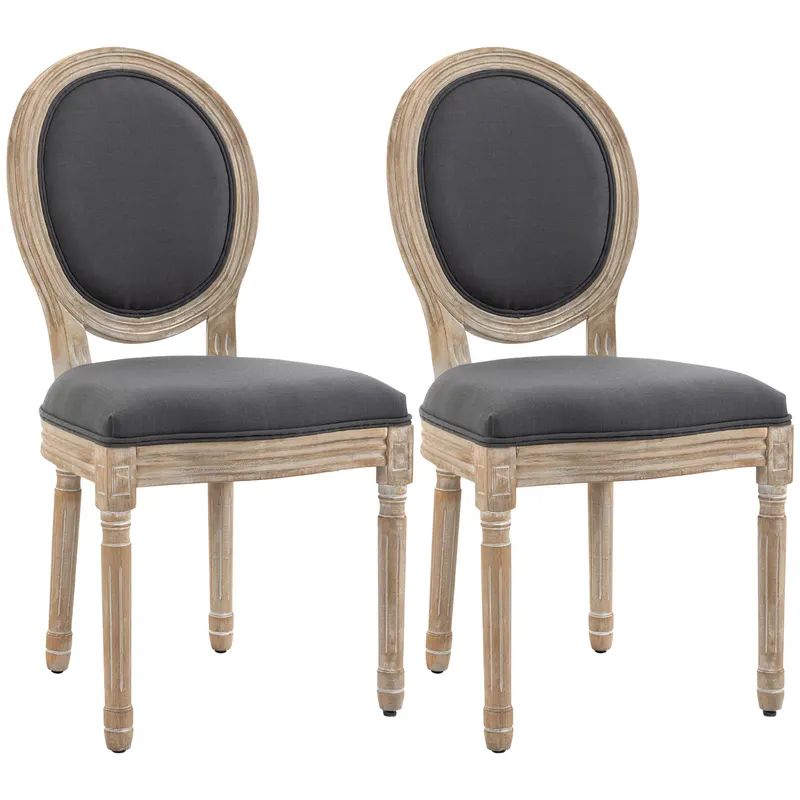 HOMCOM Set de 2 Scaune de Sufragerie, Scaune Medalion Stil Louis XVI, Șezut și Spătar Tapițate în Aspect de In, Gri