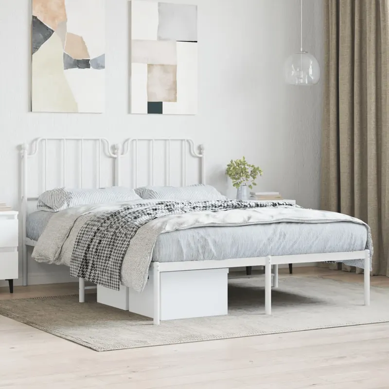 cadru de pat metalic cu tablie, alb, 135x190 cm