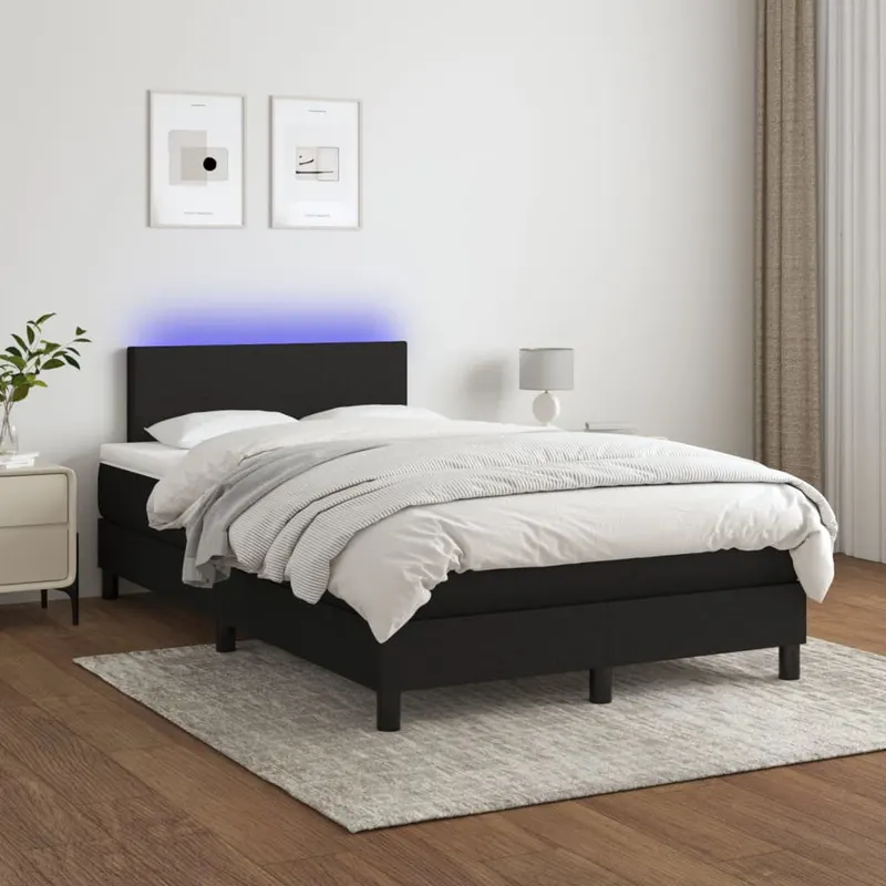 pat cu arcuri, saltea si led, negru, 120x200 cm, textil