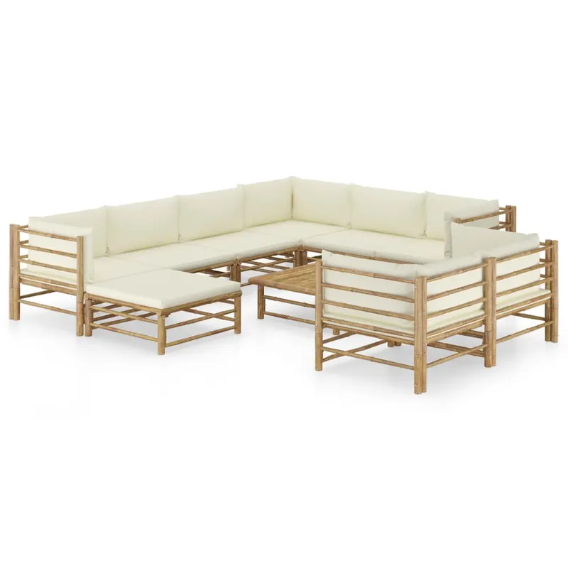 set mobilier de gradina, cu perne alb crem, 10 piese, bambus