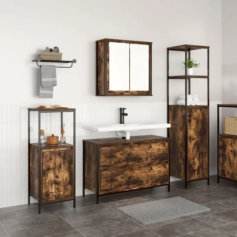 set mobilier baie, 3 piese, stejar fumuriu, lemn prelucrat