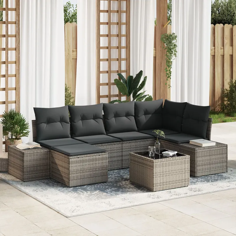 set de canapea de gradina cu 6 piese si perne, ratan poli negru