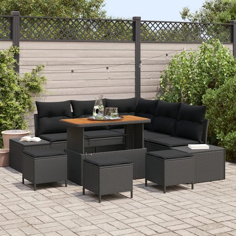 Set canapea gradina de 9 piese cu perna neagra din ratan poli si acacia, canapea gradina pentru 2 persoane cu perna neagra din ratan poli, set dining pentru gradina de 4 piese cu perna neagra din ratan poli si acacia