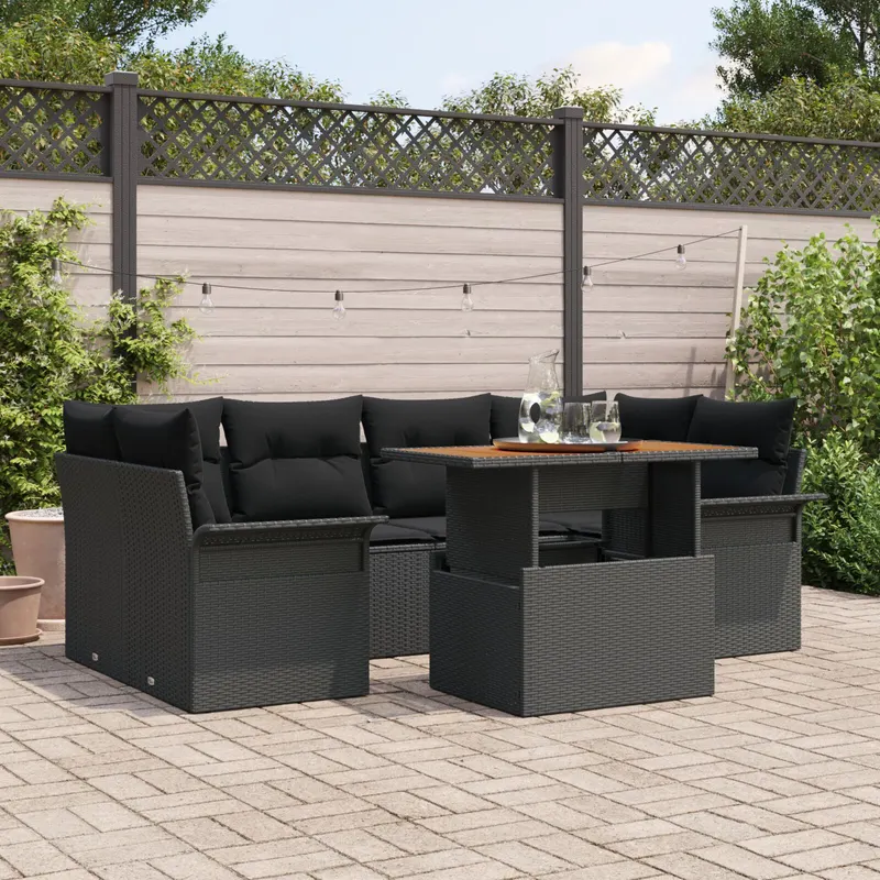 set canapea gradina cu 7 piese si perne negru ratan acacia