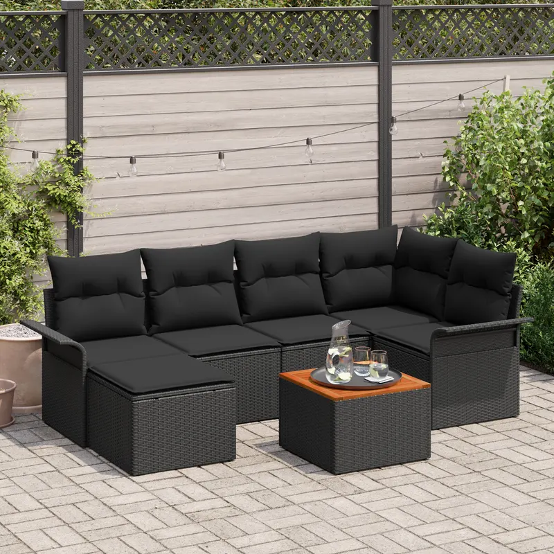 Set de sofa de gradina 7 piese cu perne negru ratan poli acacia, sofa de gradina cu 2 locuri cu depozitare si perne negru ratan poli