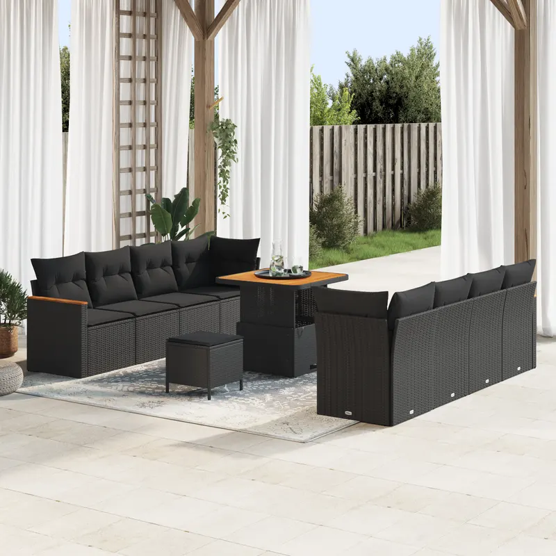 Set canapea de gradina cu 11 piese si perne negru poliratan acacia, set de dining cu 3 piese cu perne negru poliratan acacia
