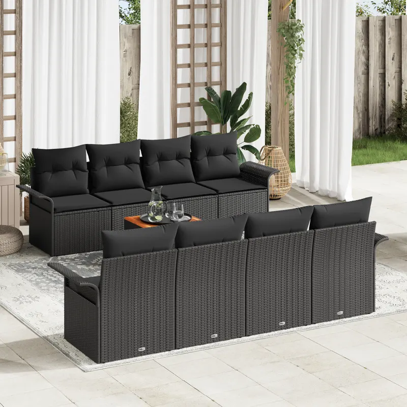 Set de canapea de gradina 9 piese cu pernute negru poliratan acacia, canapea de gradina 2-posturi cu spatiu de stocare & pernute negru poliratan