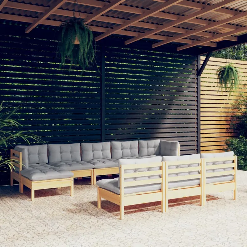 set mobilier de gradina cu perne gri 10 piese lemn masiv de pin