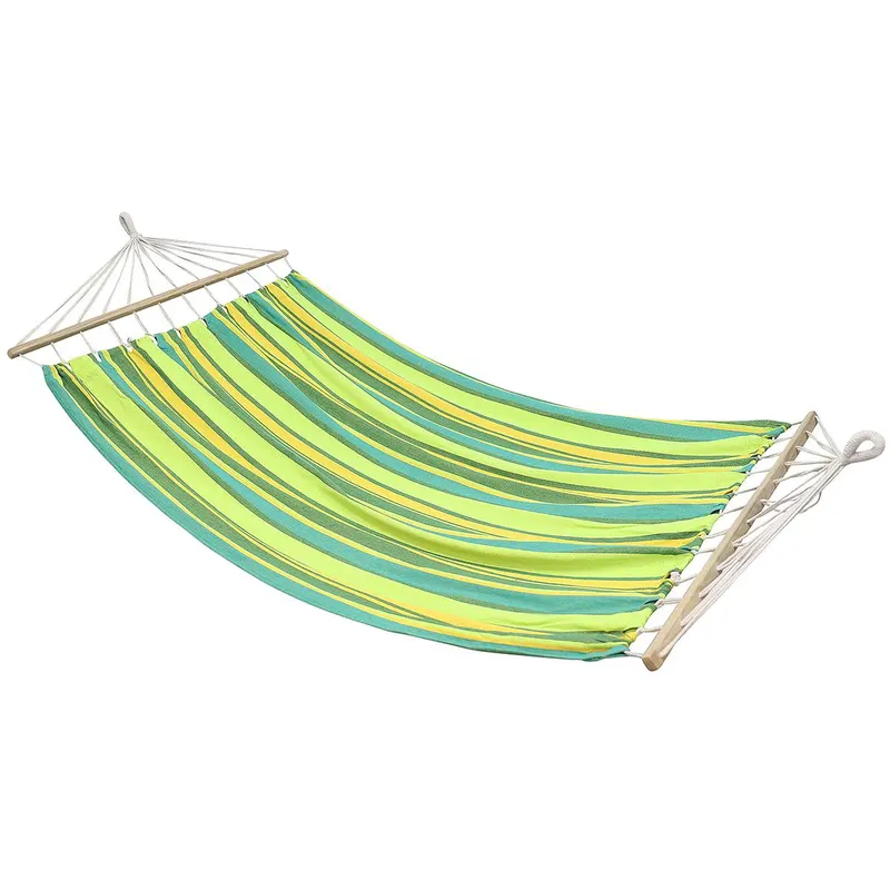 Hamac dublu bare lemn 2 persoane bumbac 150 kg, 200x150 cm, design tropical, verde galben