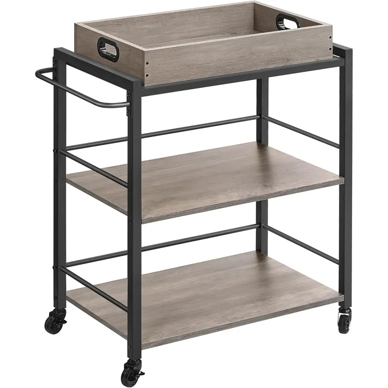 Carucior de servire pe roti pentru bucatarie, 3 polite, tava detasabila, stil industrial, 40x72x86cm, gri stejar