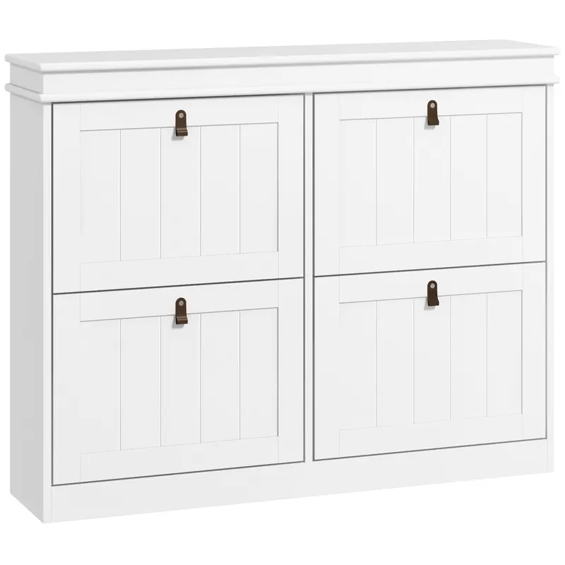 HOMCOM Pantofar Slim cu 4 Uși Rabatabile, Rafturi Reglabile, pentru 10-20 Perechi, Alb