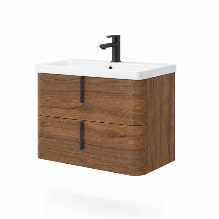 Mobilier baie suspendat pentru lavoar 80 cm, tabacco, maner negru, Fluminia Pisa