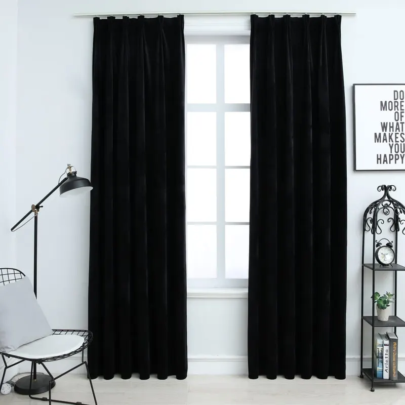 draperii opace cu carlige, 2 buc., negru, 140x175 cm, catifea