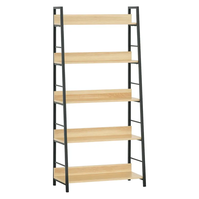 HOMCOM Bibliotecă bibliotecă de stil industrial înclinat 5 Niveluri 70L x 35l x 150H cm Culoare lemn stejar deschis Negru