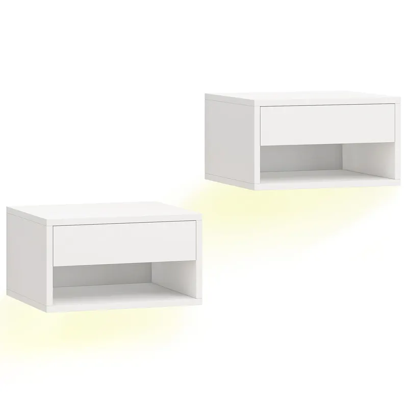 HOMCOM Set 2 Noptiere Suspendate cu LED RGB Integrat și Reglabil prin Aplicație, Sertar și Raft, 37x32x21 cm, Alb