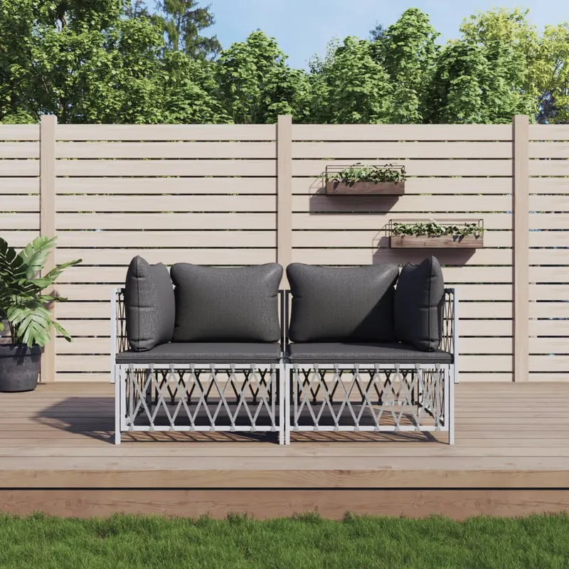 set mobilier de gradina, 2 piese, cu perne, alb, otel