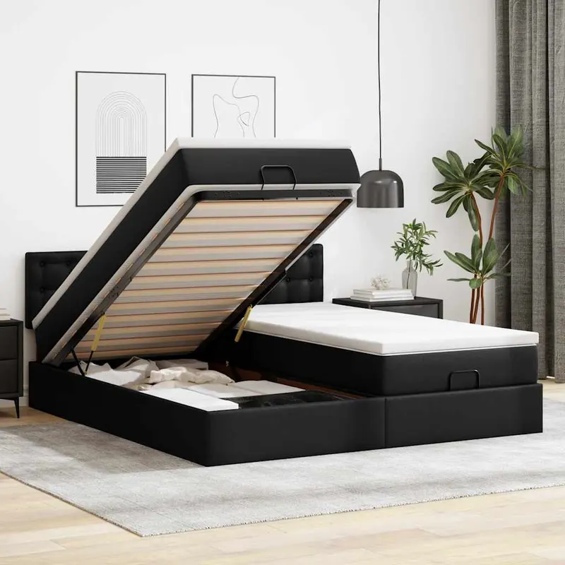 pat otoman cu saltele si leds, negru 180x200cm, piele ecologica