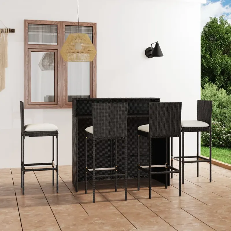 set mobilier bar de gradina cu perne, 5 piese, negru