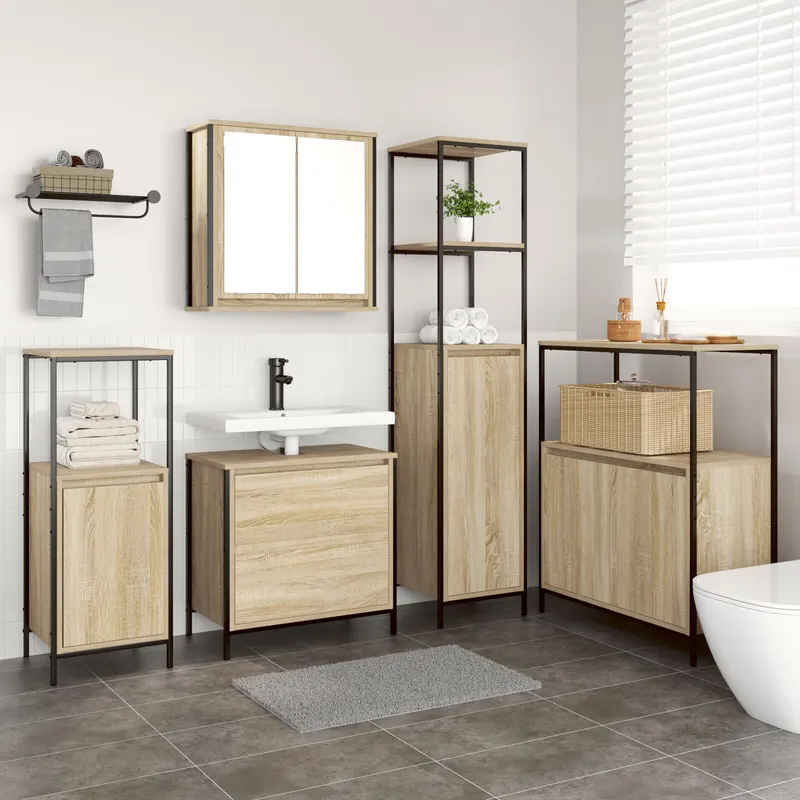 set mobilier baie, 5 piese, stejar sonoma, lemn prelucrat