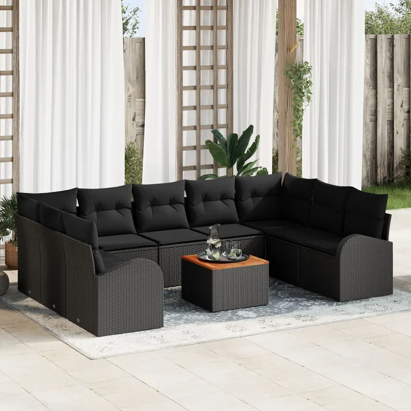 set canapele de gradina cu 10 piese si perne din ratan poli negru, acacia, canapea de gradina cu 2 locuri cu depozitare si perne din ratan poli negru