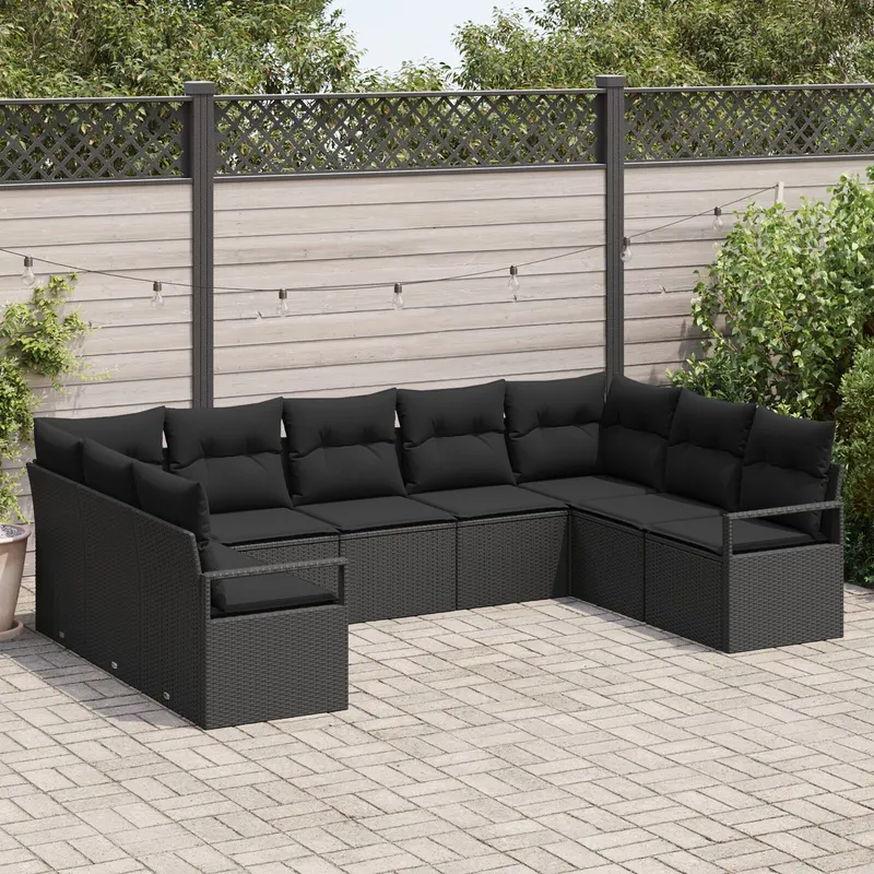 Set canapea gradina de 9 piese cu perne negre din ratan poli, canapea gradina de 2 locuri cu spatiu de stocare & perne negre din ratan poli