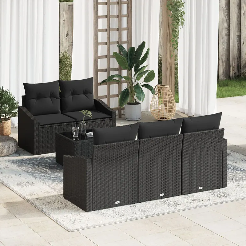 set de canapea gradina cu 6 piese cu perne negru poliratan