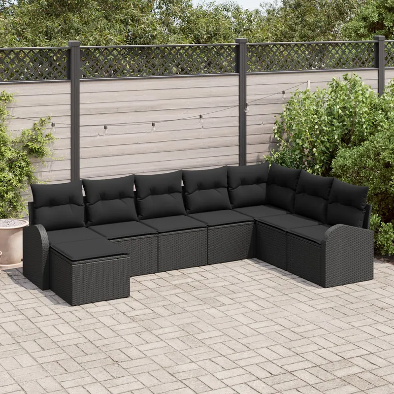 set canapea gradina cu 8 piese si perne negru poliratan