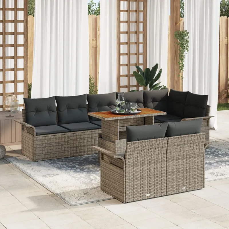 set de dining pentru gradina 9 piese cu perne gri din ratan politat si acacia