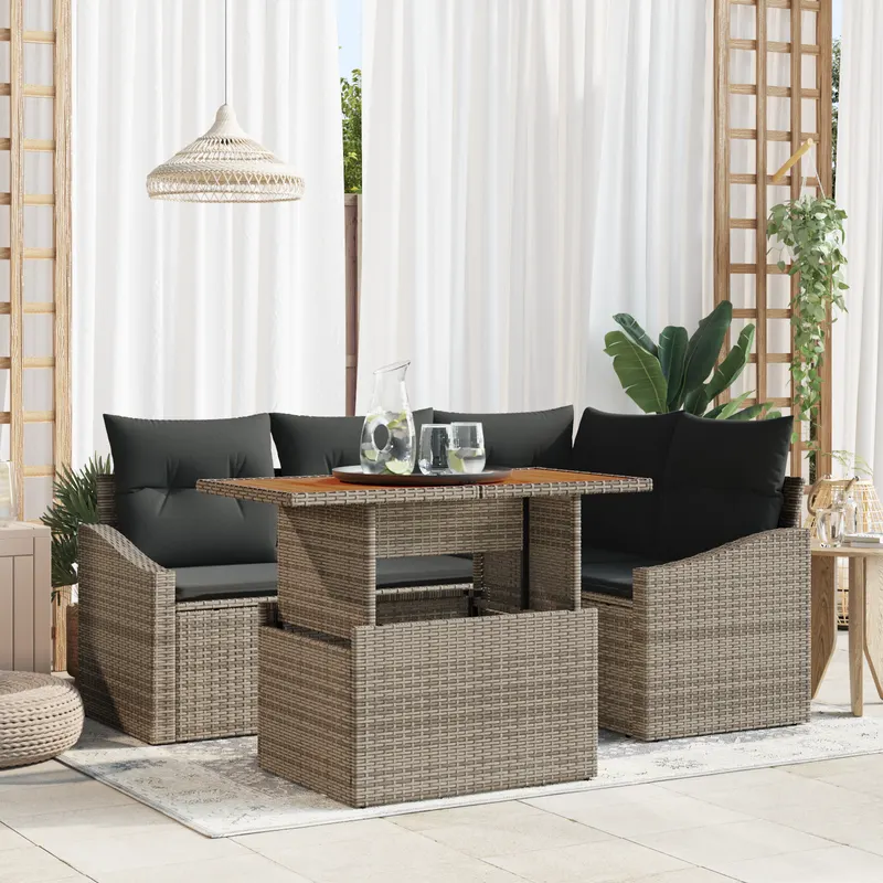 set canapea 5 piese gradina cu perne gri ratan poli