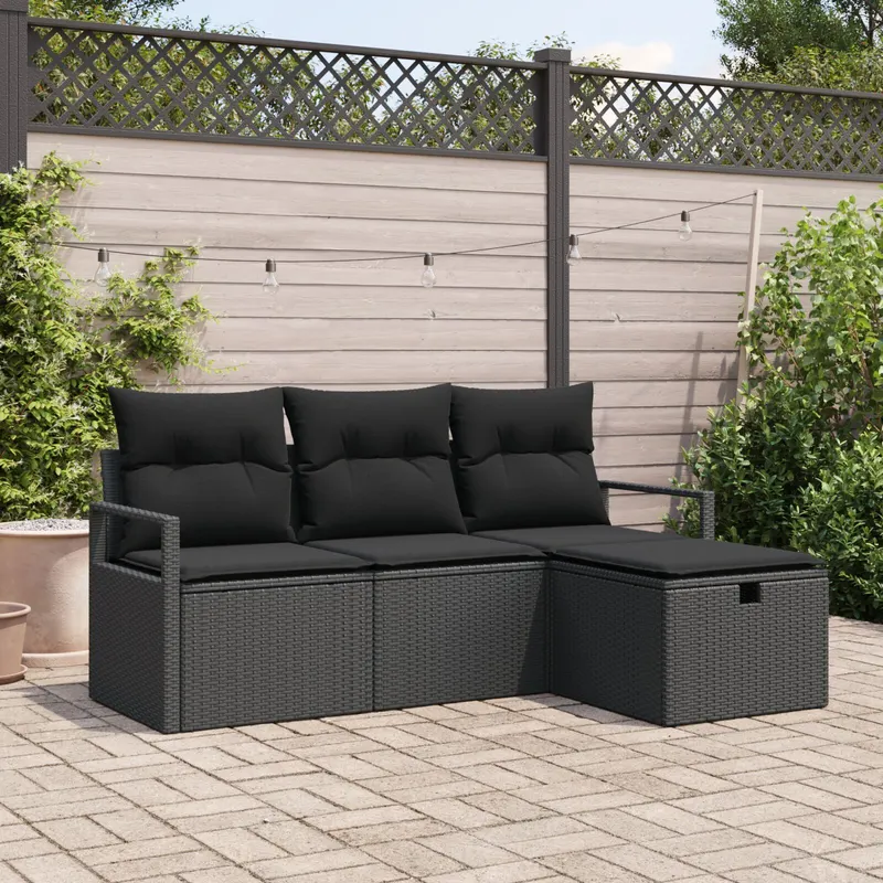 set de canapea de gradina cu 4 piese si perne din ratan poli negru, canapea de gradina cu 2 locuri cu storage & perne din ratan poli negru