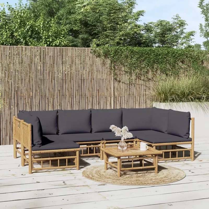 set mobilier de gradina cu perne gri inchis, 7 piese, bambus
