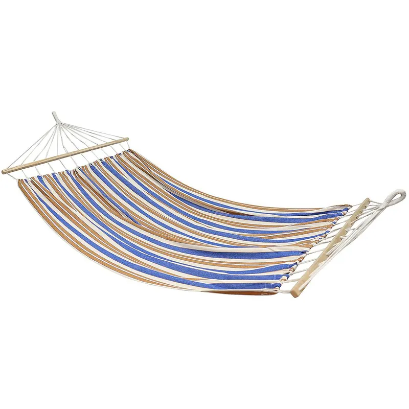 Hamac dublu bare lemn 2 persoane bumbac 150 kg, 200x150 cm, design tropical, albastru maro