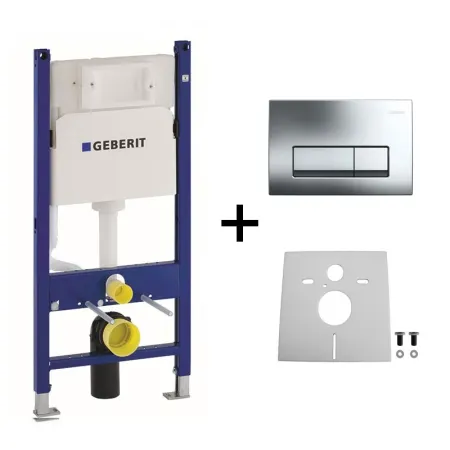 Set WC suspendat Geberit Duofix cu rezervor incastrat, clapeta Delta20 Argintiu , vas WC Fluminia Minerva si capac soft-close, Alb