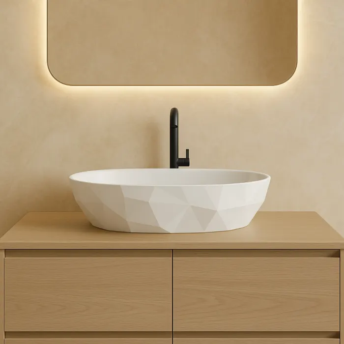 Lavoar pe blat din compozit alb lucios 56 cm, oval, 3D, Armonia Slim