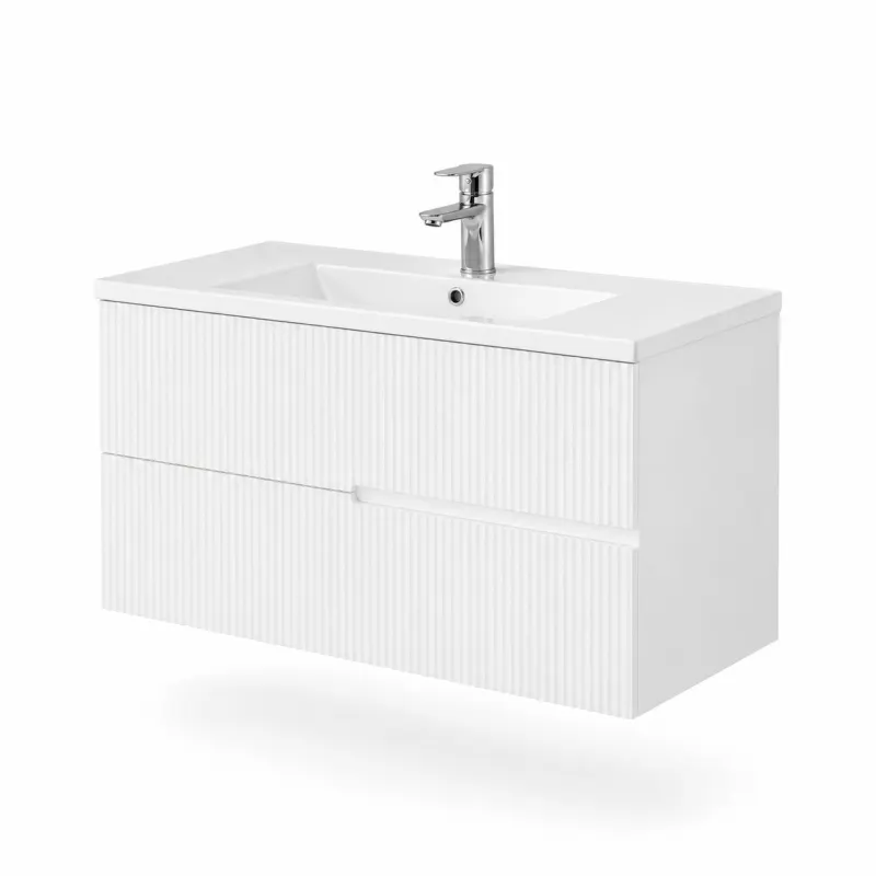 Mobilier lavoar pe blat Fluminia Malta, finisaj riflat, 100cm, 2 sertare soft close, alb