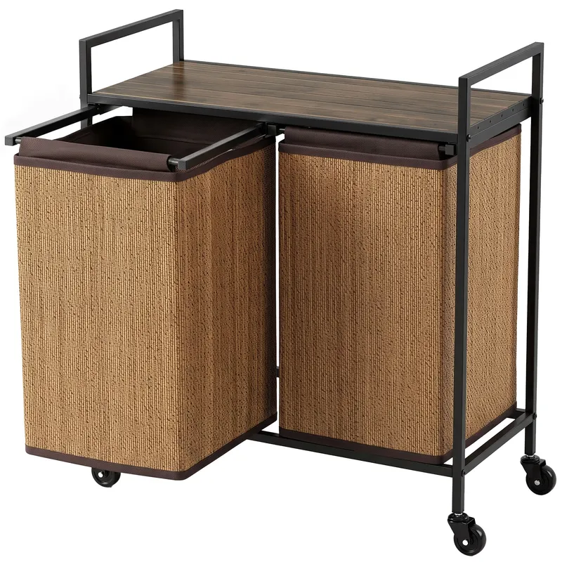 HOMCOM Coș rufe din bambus 2 compartimente 120 L colector rufe cu raft, cutie de rufe sac de rufe, pe roți 73x33x78 cm, Maro