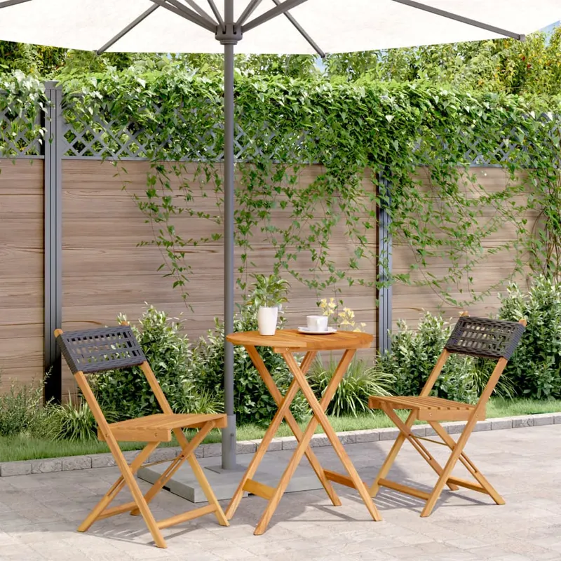 set mobilier bistro, 3 piese, negru, poliratan si lemn masiv