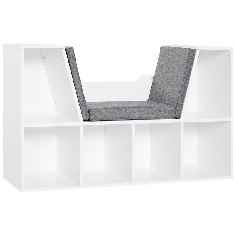 HOMCOM Bibliotecă 2 în 1 cu Perne Confortabile și 6 Compartimente, Mobilier Multifuncțional pentru Cărți și Jocuri, Raft cu 6 Cuburi pentru Sufragerie, Dormitor și Birou, 102x30x61 cm, Alb