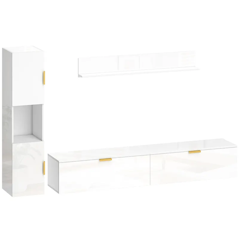 HOMCOM Mobilier TV suspendat cu uși rabatabile Centru entertainment Raft de perete Dulap 180 cm Alb lucios