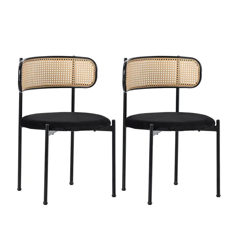 Set de 2 scaune de dining din țesătură cu efect de catifea, cu picioare din metal și spătar din ratan, 60x18x86 cm, Negru